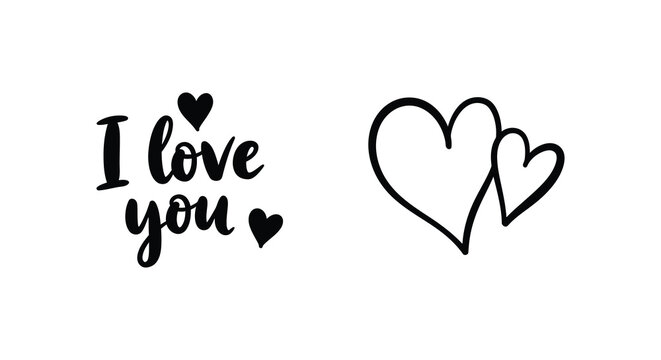 A set of cute hand drawn love hearts and text