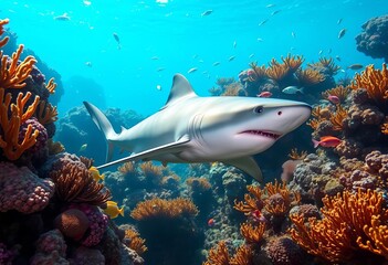 Fototapeta premium Grey reef shark glides through vibrant turquoise ocean, surrounded by colorful coral, seaweed, and fish, nature, aquatic life