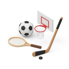 Sports Equipment Set with Soccer Ball, Tennis Racket, Hockey Stick, Mini Basketball Hoop, and Puck