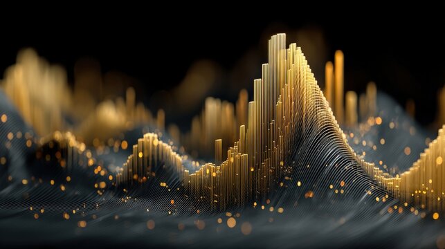 Abstract digital wave of golden particles and light on a dark background, representing data flow or financial growth