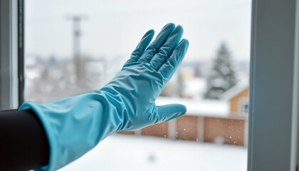 Blue gloved hand touching window glass with snowy city view outside. Winter window cleaning and cold season home care. Service visuals for frosty window maintenance and seasonal household safety.