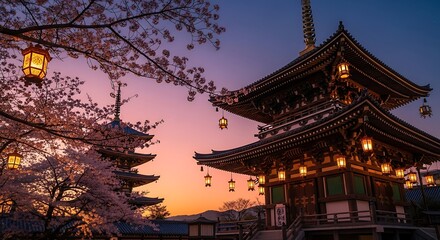 Obraz premium Tranquil Asian Architecture: Serene Pagodas, Cherry Blossoms, and Lanterns Illuminate the Twilight Sky in a Calming and Peaceful Scenic View.