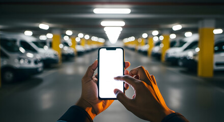 Close Up Black Hands Operating a Smartphone with White Screen in Indoor Parking Garage with Row of White Vans
