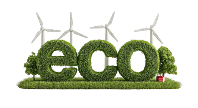 Grassy letters spell out "ECO" surrounded by wind turbines and trees