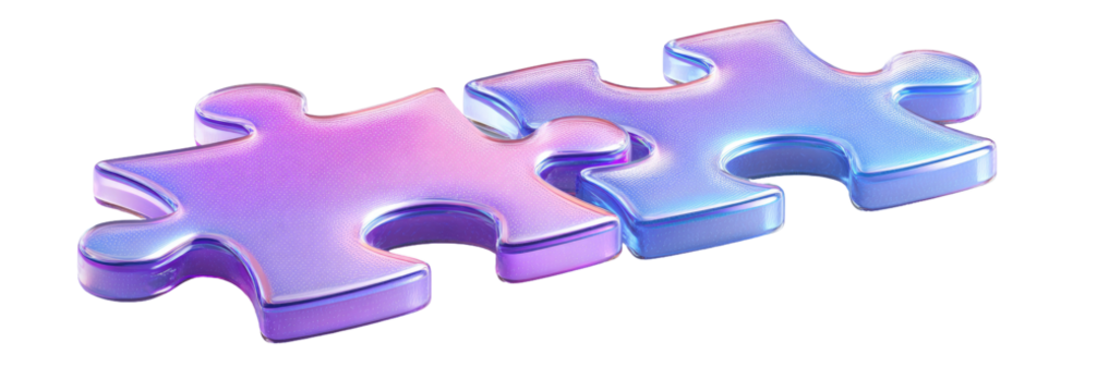 Two puzzle pieces, gradient purple and blue, 3D effect