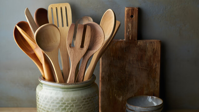 Collection of wooden kitchen utensils in a ceramic holder with cutting board