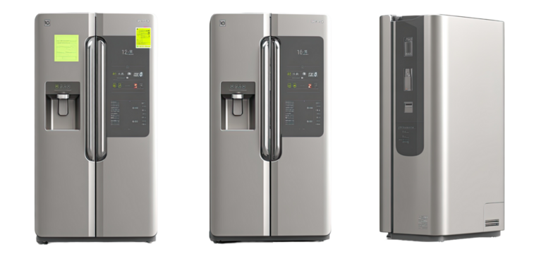 Modern double-door refrigerator, three views