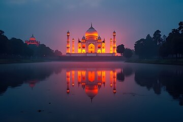 Fototapeta premium Welcome to India – colorful glowing sign by Taj Mahal reflecting in Yamuna River at dawn, cinematic 4K. 