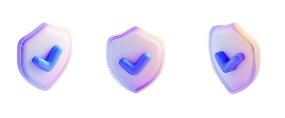 Three 3D shield icons with a checkmark, in pastel colors