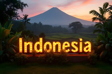 Welcome to Indonesia – glowing tropical sign by Bali’s rice terraces with Mount Agung in the distance, ultra HD.

