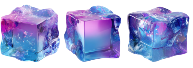 Three vibrant, cubic ice crystals