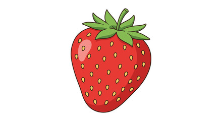 A bright red cartoon strawberry with green leaves and yellow seeds