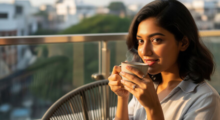 young woman sitting on balcony drinking tea or coffee in sun light