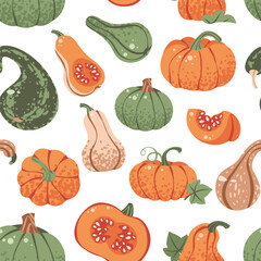Assorted Pumpkins Seamless Pattern Flat Vector. Thanksgiving, Harvest Festival. Repeat Background for Wallpaper, Textile Design, Wrapping Paper, Seasonal Branding. Autumn Vegetables Endless Print.
