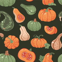 Assorted Pumpkins Seamless Pattern Flat Vector. Thanksgiving, Harvest Festival. Repeat Background for Wallpaper, Textile Design, Wrapping Paper, Seasonal Branding. Autumn Vegetables Endless Print.