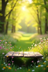 Naklejka premium Serene forest path with wildflowers and wooden bench