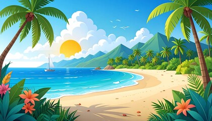 Fototapeta premium A stunning tropical island beach with palm trees, turquoise water, and a bright blue sky
