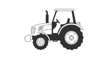 A black and white illustration of a tractor with a cab and large tires