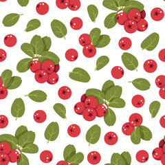 Lingonberry Seamless Pattern Flat Vector. Autumn, Harvest Festival. Repeat Background with Red Berries for Textile, Packaging, Wallpaper Design. Botanical Theme Endless Print