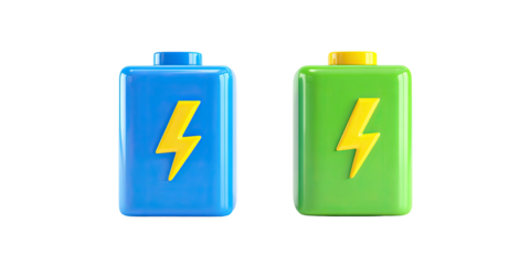 Two stylized battery icons, blue and green