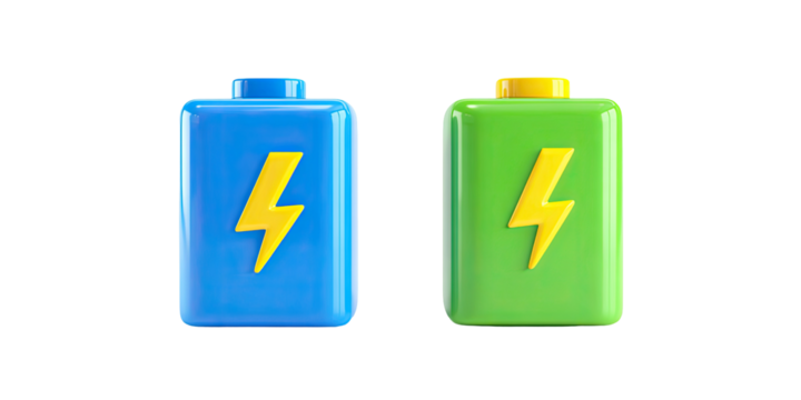 Two stylized battery icons, blue and green