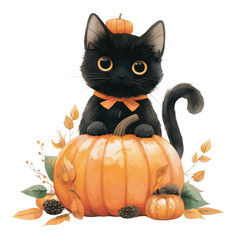 Playful black cat with pumpkins autumn vibes digital illustration whimsical environment cheerful viewpoint