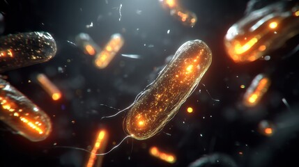 Microscopic view of glowing bacteria cells with flagella, illuminated in a dark, abstract environment