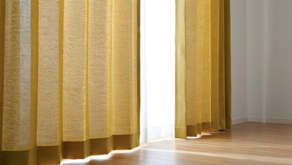 Sunlight streams through vertical striped curtains onto a wooden floor
