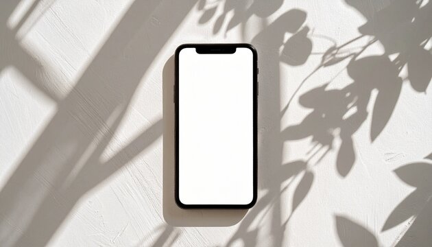 Mobile phone mockup with a blank white screen on a wooden table with aesthetic plant shadow overlay