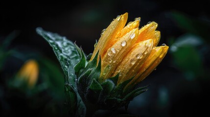 Delicate sunflower bud covered in water droplets.