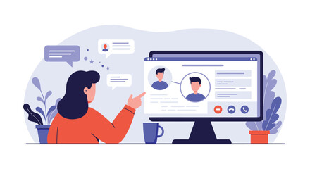 woman looking at a computer screen with a profile and chatting