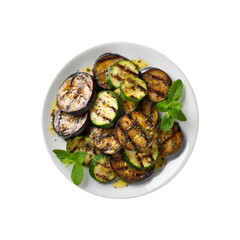 Grilled Eggplant and Zucchini Slices with Herbs and Olive Oil on White Plate