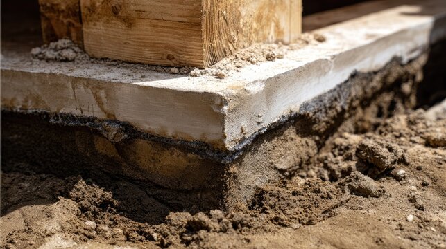 Concrete foundation base with wooden support beam.