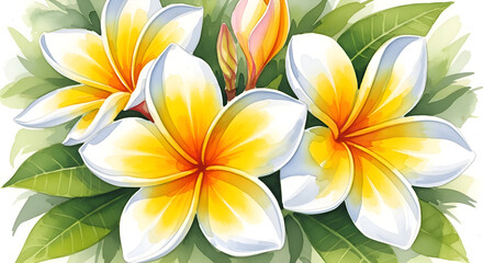 Naklejka premium Vibrant watercolor plumeria flowers with lush green leaves evoke tropical paradise and serene beauty.