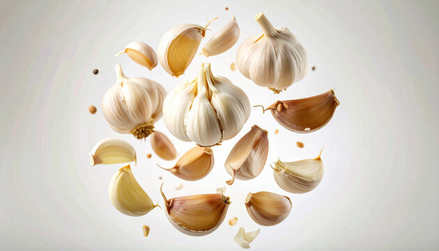 Moving garlic cloves and pieces floating on a grey background