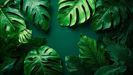 Monstera Leaves Flat Lay with Empty Space