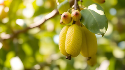Obraz premium Elaeocarpus grandiflorus fruit in focus with a blurred natural background highlighting summer flora