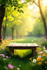Naklejka premium Wooden picnic table surrounded by vibrant wildflowers