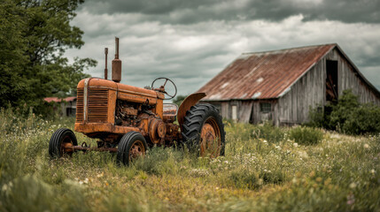 Obraz premium Rusty tractor by old barn in tall grass under cloudy sky