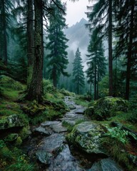 Obraz premium A winding path through a misty, green forest with mosscovered rocks and tall trees
