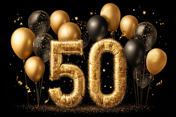Golden fifty number balloons with black and gold balloons confetti and ribbons on a black background  A festive 50th anniversary celebration