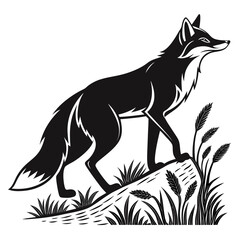 Vector art of black and white illustration of a fox standing on grass