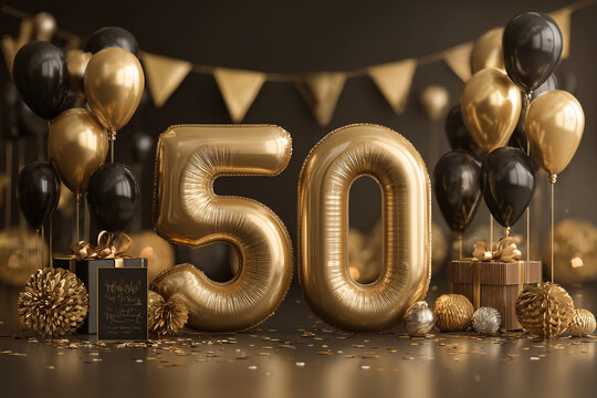 Elegant 50th birthday celebration gold black balloons gifts confetti