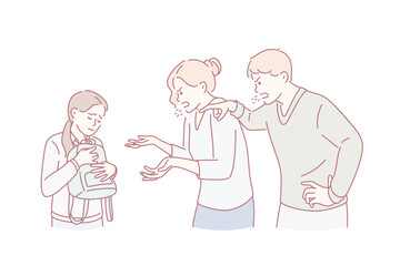 Home abuse and scandal concept. Furious angry parents mom and dad shouting screaming at their sad daughter holding backpack vector illustration