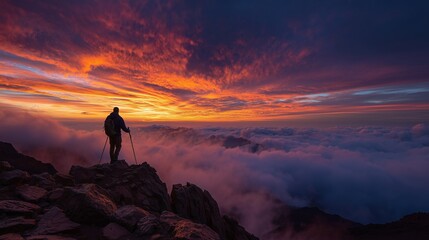 Obraz premium Hiker silhouette on a jagged mountain summit at sunrise with a sea of clouds and a dramatic orange and purple sky