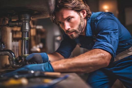 A plumber in blue uniform fixing pipes under sink at night.