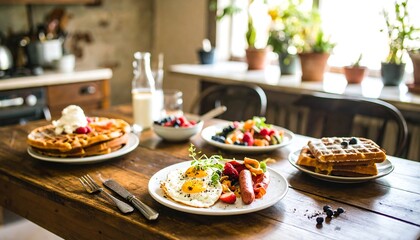 Delicious breakfast spread on rustic table