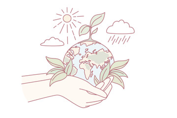 Ecology, sustainable nature, planet conversation concept. Hands human holding earth planet with growth plant sun and rain around taking care vector illustration