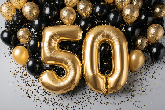 Gold number fifty balloons surrounded by black and gold balloons and confetti a 50th birthday celebration