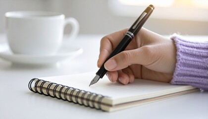 Writing Process A Close-Up of a Hand with a Fountain Pen in the Act of Writing on a Notebook